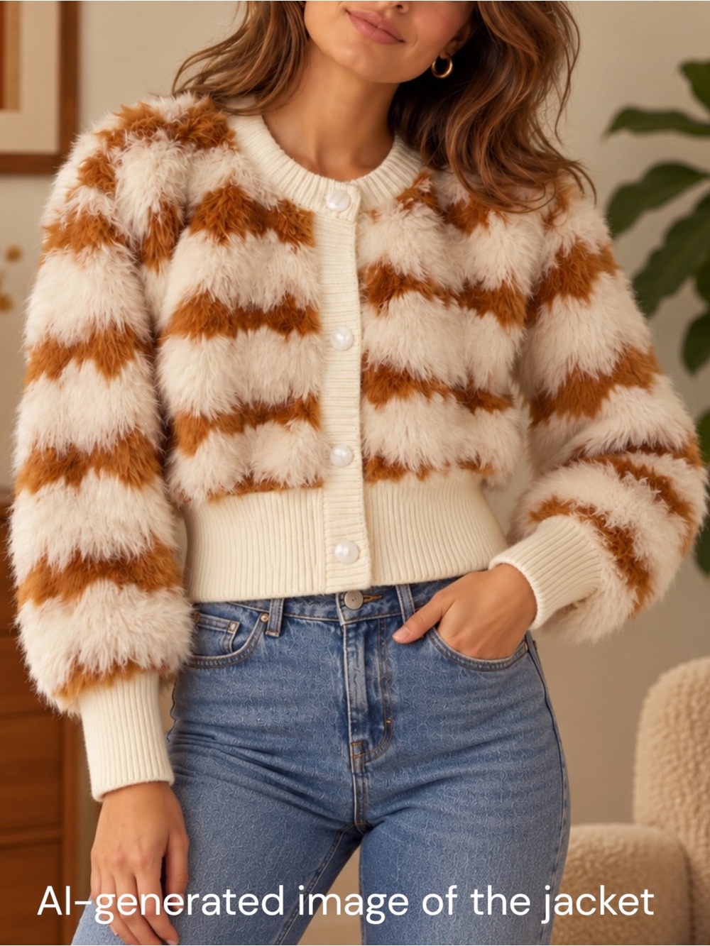 Knitlite Shaggy Faux Fur Cardigan S Cropped Retro 70s Style Bomber Jacket EUC